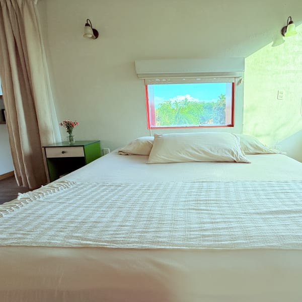 Habitación Ocote con cama king y ventanas con vista a las palmeras
