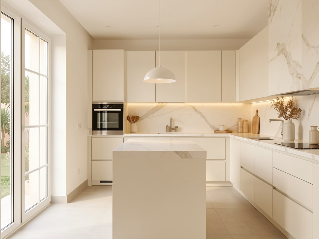 Cuisine blanc minéral moderne — appartement rabat
