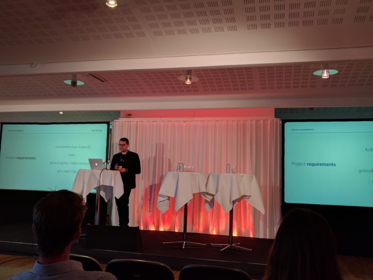 My first public speech, talking about “Magento 2 on Kubernetes” (photo by alex@nwt)