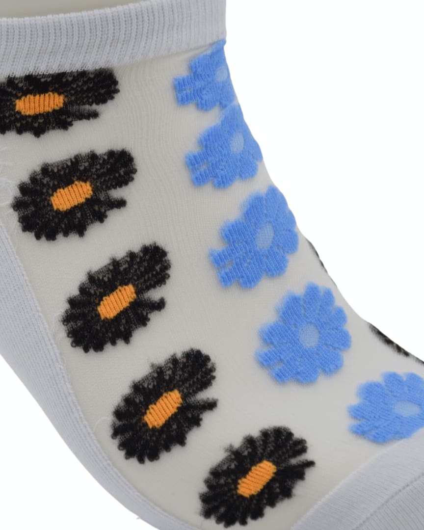 White Sheer Ankle Socks with Black & Blue Floral Pattern thumbnail 2