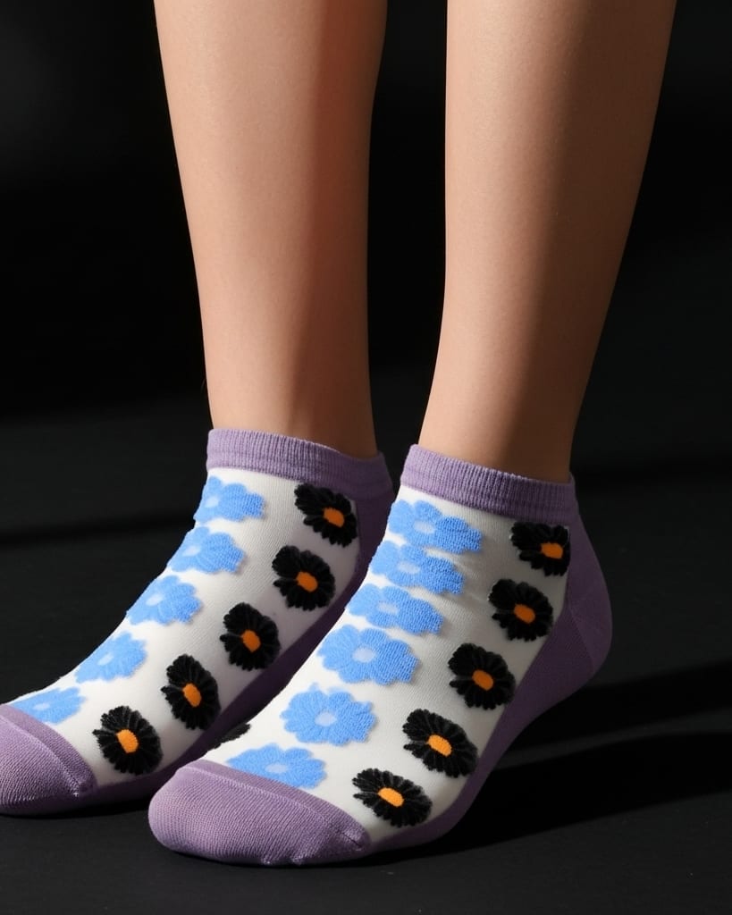 Purple Sheer Ankle Socks with Black & Blue Floral Pattern thumbnail 4