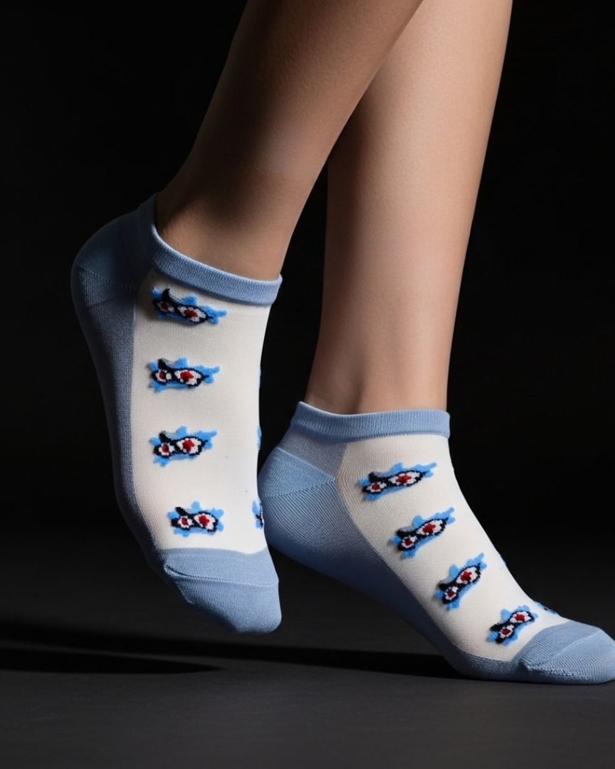 Sky Blue Sheer Ankle Socks with Floral Embroidery thumbnail 4