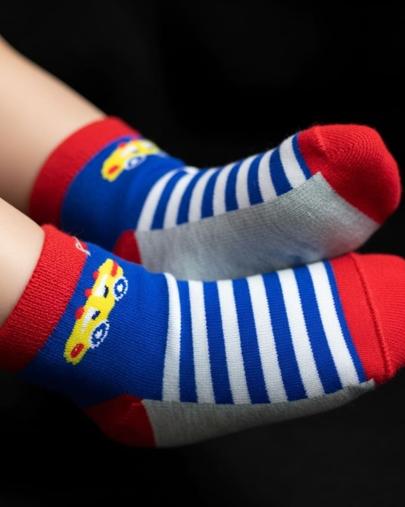 Kids Car Design Ankle Socks – Blue, Red & Grey | Fun Cotton Comfort