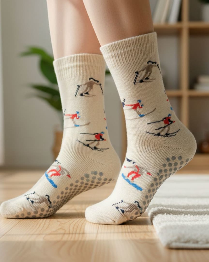 Beige Anti-Slip Crew Socks with Skater Print | Soft Cotton Grip Socks for Home & Yoga main view