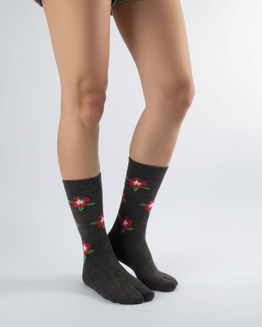 Charcoal Grey Woolen Thumb-Toe Socks with Red Floral Print | Crew Length thumbnail 1