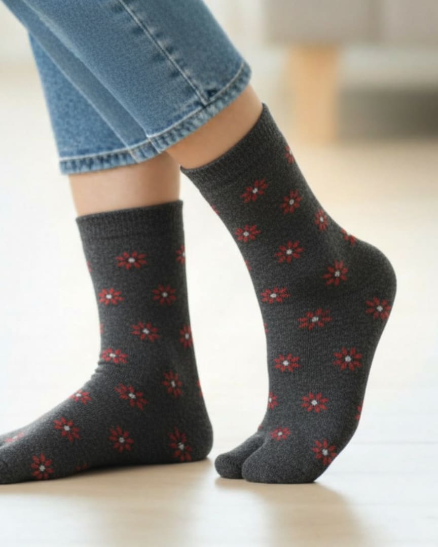 Dark Grey Woolen Thumb Toe Socks with Red Floral Motif | Crew Length main view