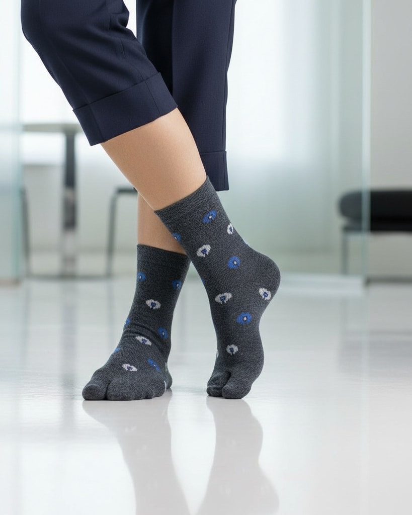 Charcoal Grey Woolen Thumb-Toe Socks with Blue & White Dot Motif | Crew Length thumbnail 2
