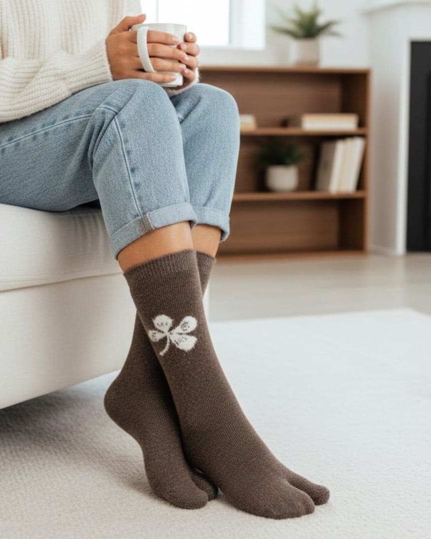 Coffee Brown Woolen Thumb-Toe Socks with Floral Motif | Crew Length thumbnail 2