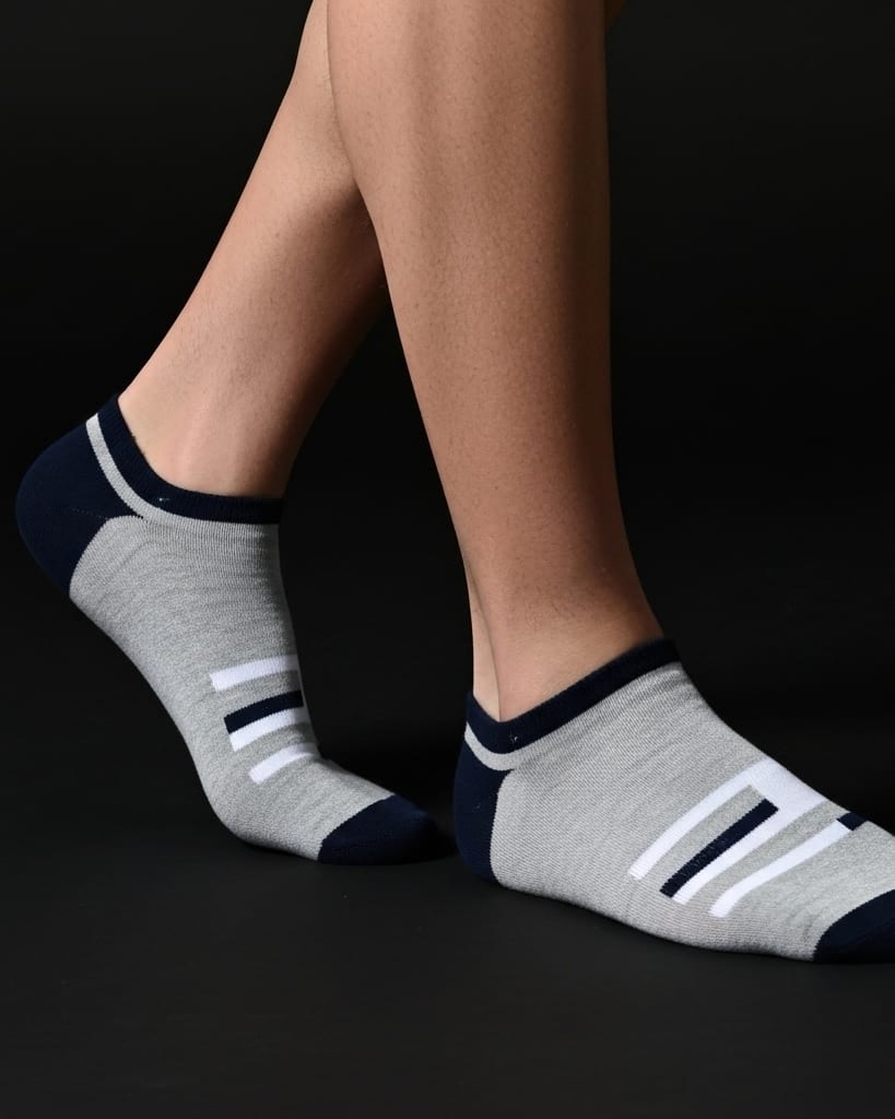 Grey Sporty Low-Cut Socks with Black & White Stripes – Casual Athletic Comfort