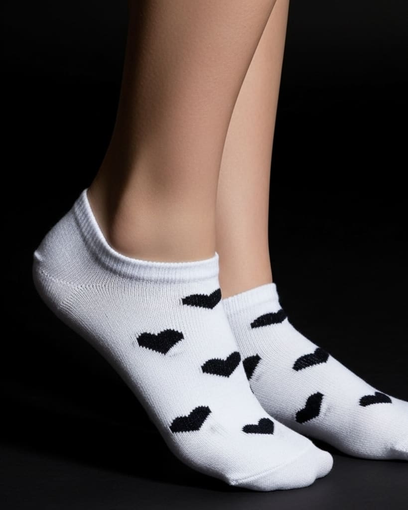 White Ankle Socks with Black Heart Print – Cute, Comfy & Stylish thumbnail 3