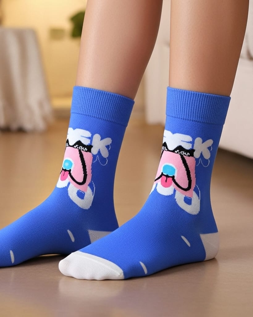 Blue Cartoon Character Crew Socks – Fun & Comfortable Cotton Blend