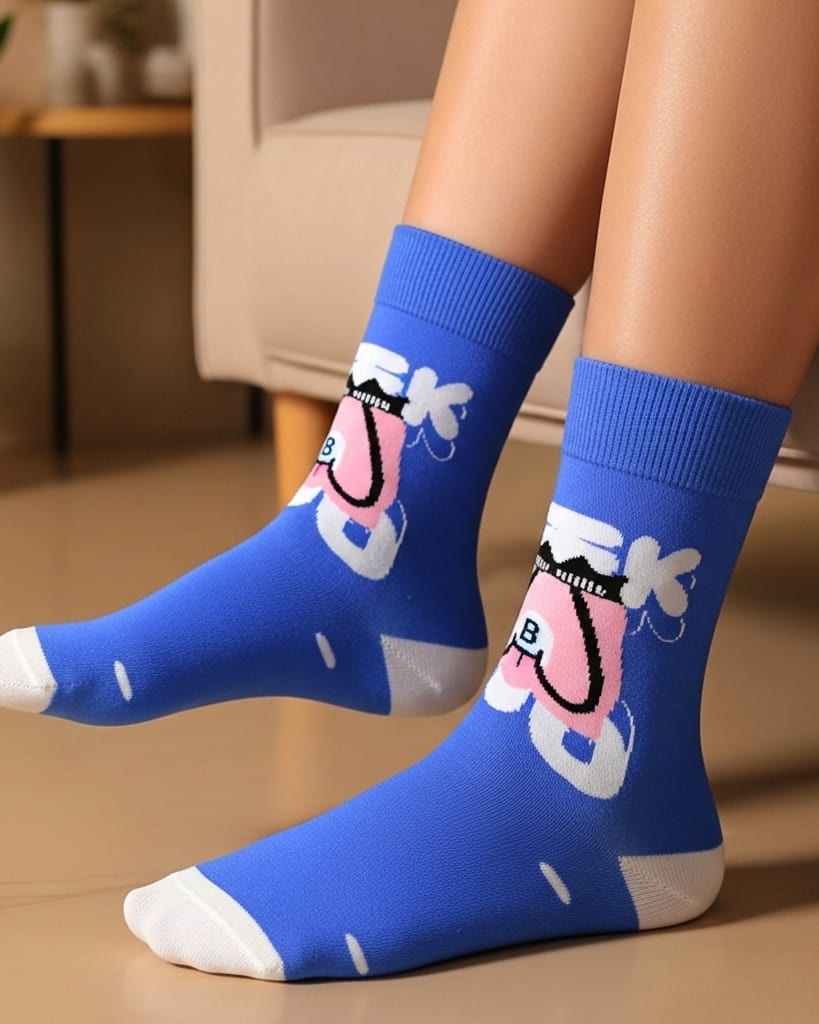 Blue Cartoon Character Crew Socks – Fun & Comfortable Cotton Blend thumbnail 3