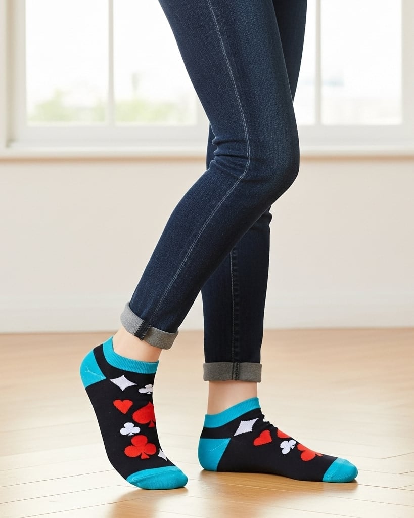 Black Playing Card Print Ankle Socks – Stylish & Comfortable thumbnail 1