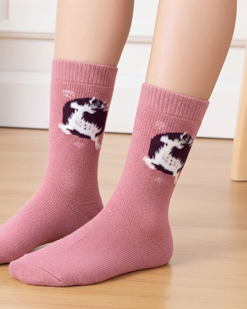 Warm Wool Blend Crew Socks in Rose Pink with Abstract Pattern thumbnail 2