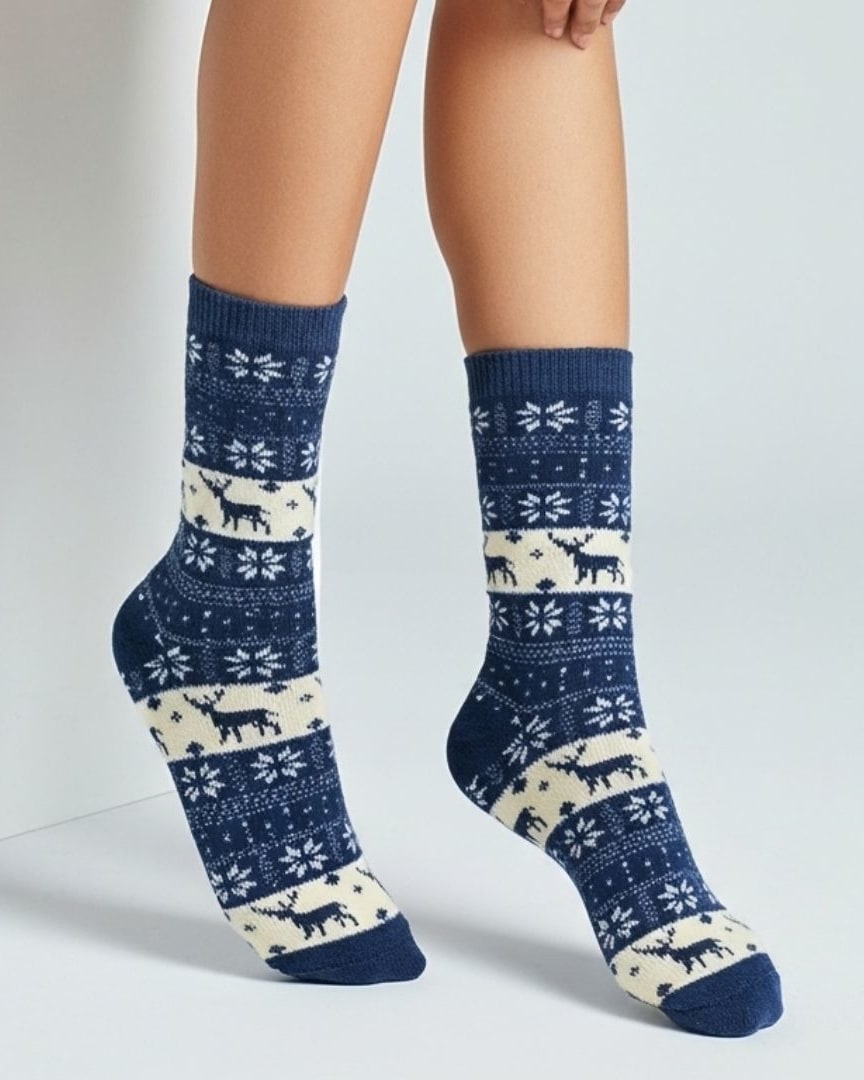 Woolen Winter Socks – Blue & Cream | Cozy Reindeer & Snowflake Design thumbnail 2