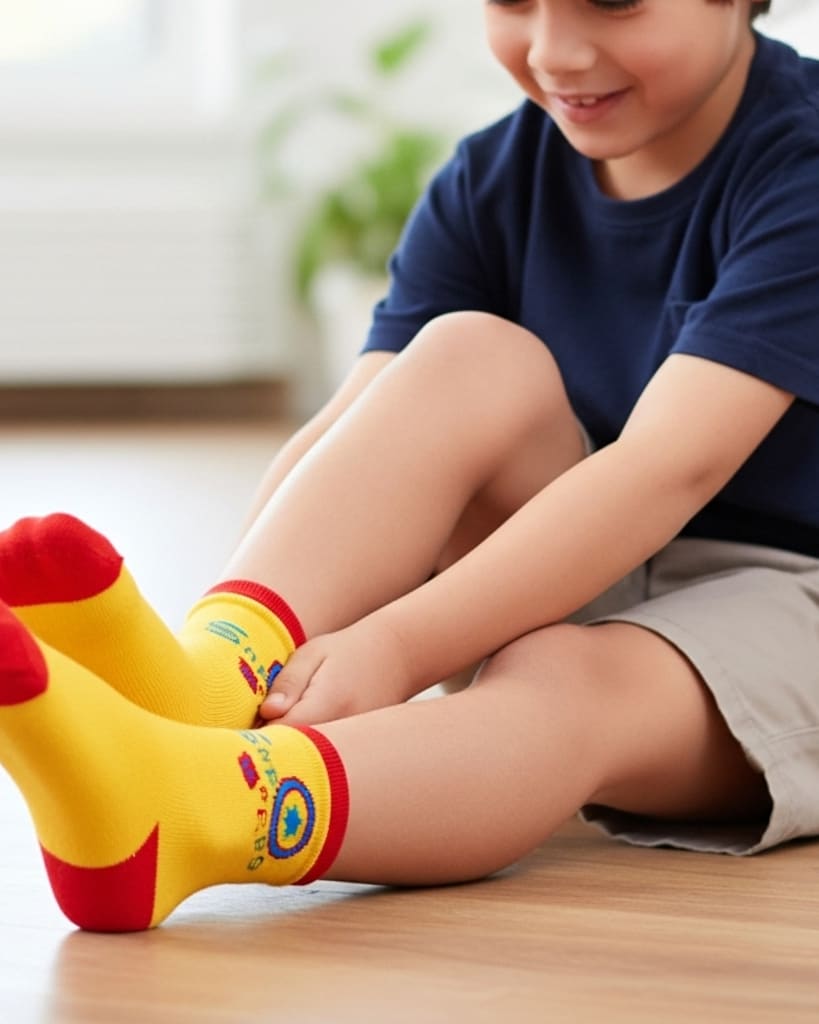 Kids Yellow Superhero-Themed Socks – Soft Cotton Blend with Fun Design thumbnail 2