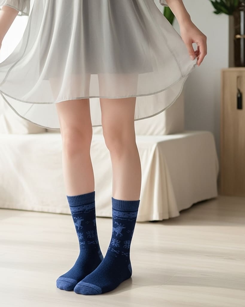 Navy Blue Winter Woolen Socks with Reindeer Design – Warm & Soft Thermal Socks