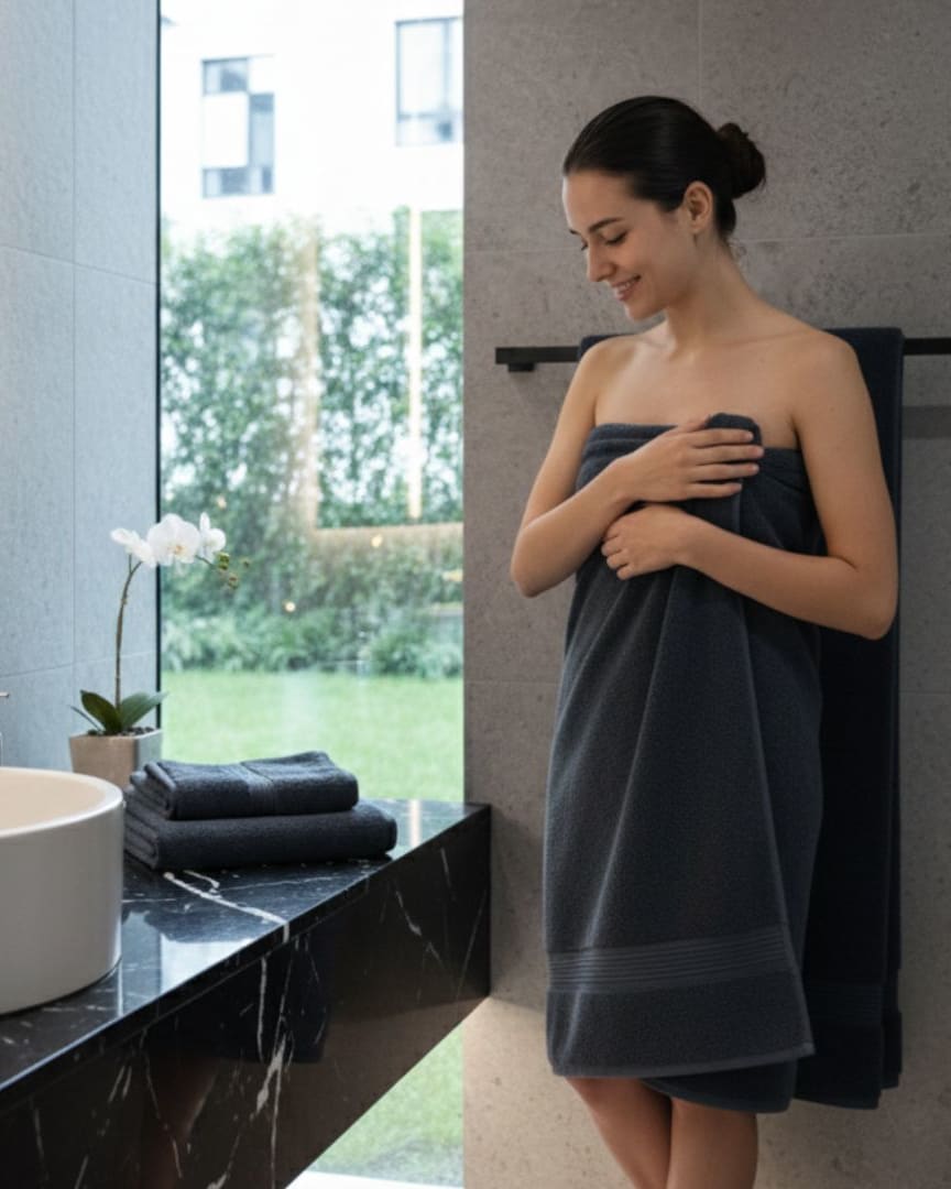 Quick Dry Charcoal Grey Cotton Bath Towel – 510 GSM, Large Size (130×75 cm) Ultra Soft & Super Absorbent thumbnail 3