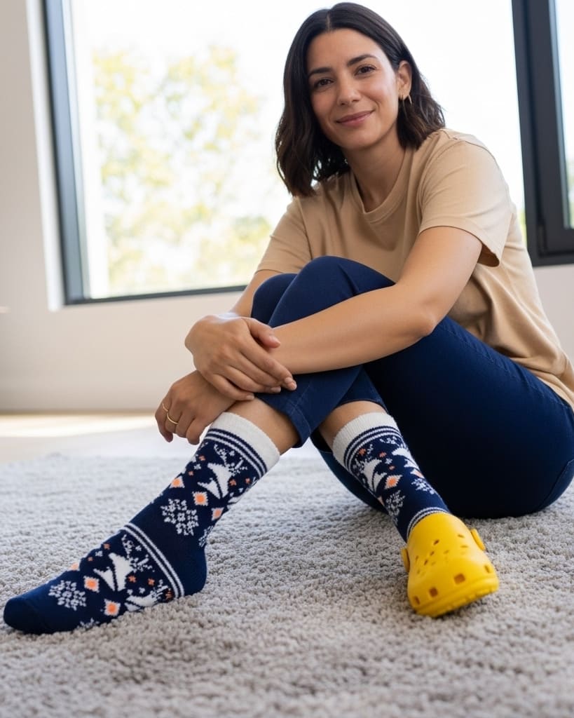 Navy Blue Woolen Crew Socks – Fleece-Lined Reindeer & Snowflake Knit Design main view