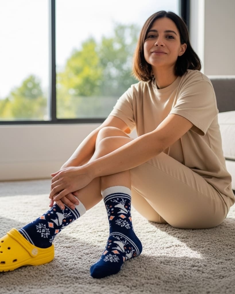 Navy Blue Woolen Crew Socks – Fleece-Lined Reindeer & Snowflake Knit Design thumbnail 2