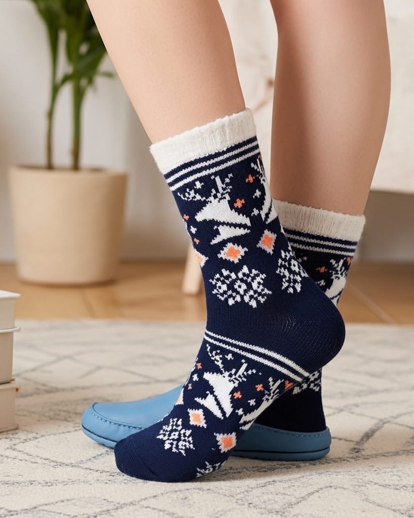 Navy Blue Woolen Crew Socks – Fleece-Lined Reindeer & Snowflake Knit Design thumbnail 3