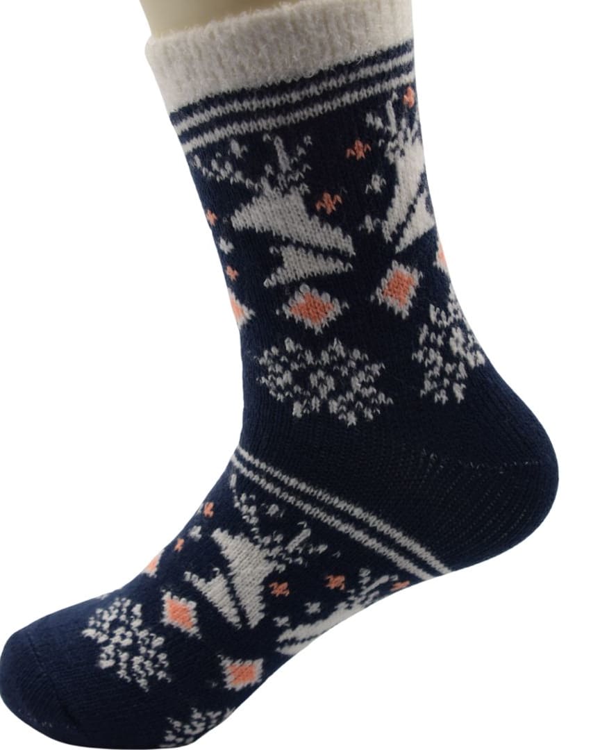 Navy Blue Woolen Crew Socks – Fleece-Lined Reindeer & Snowflake Knit Design thumbnail 4