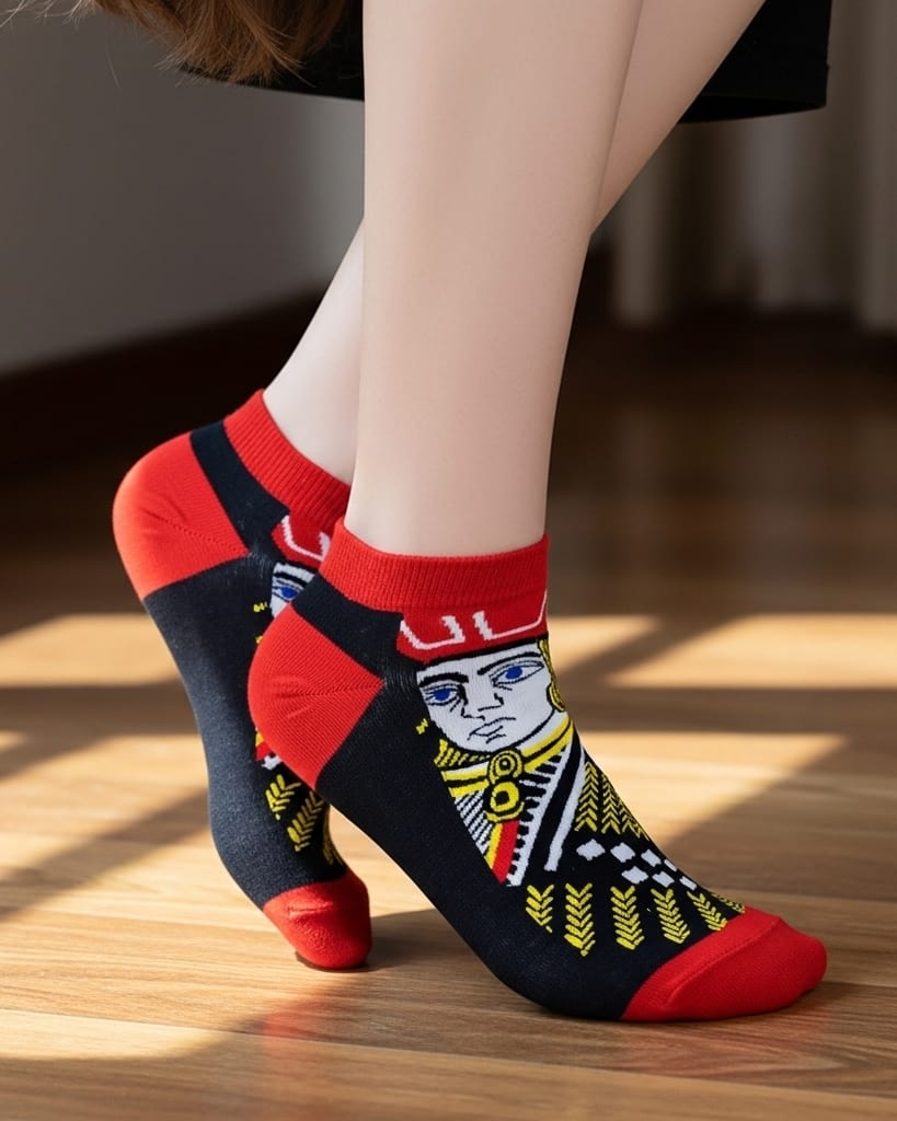Playing Card Design Ankle Socks – Stylish Black & Red King Print for Men & Women