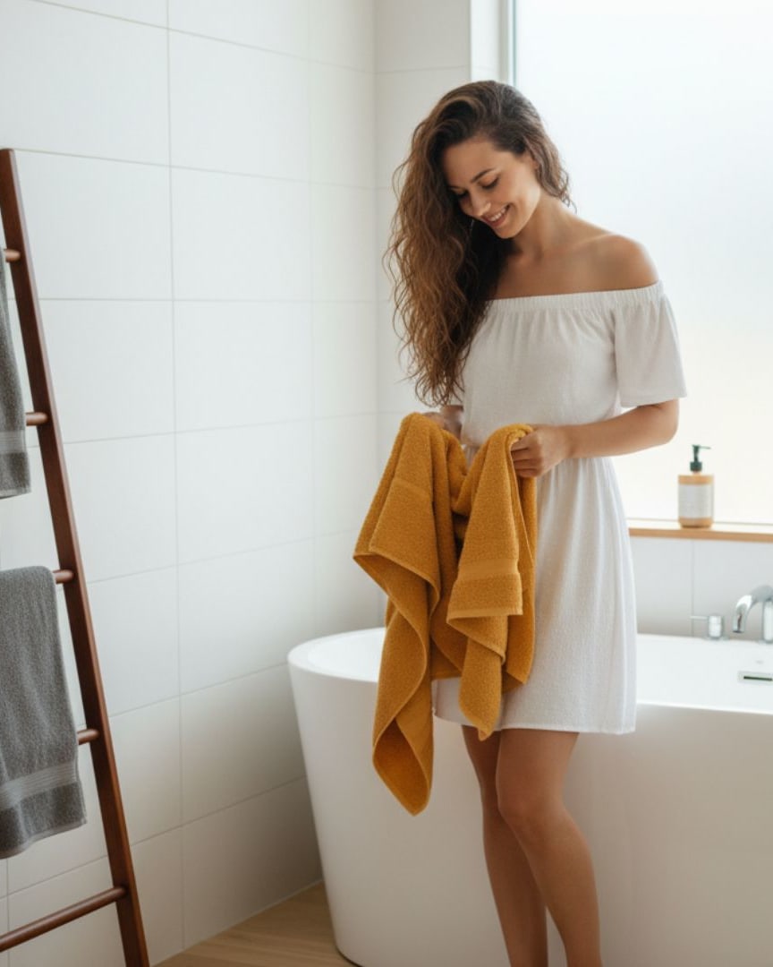 Super Absorbent Mustard Yellow Cotton Bath Towel – 470 GSM Large Size (140×65 cm) Soft & Quick Dry thumbnail 2