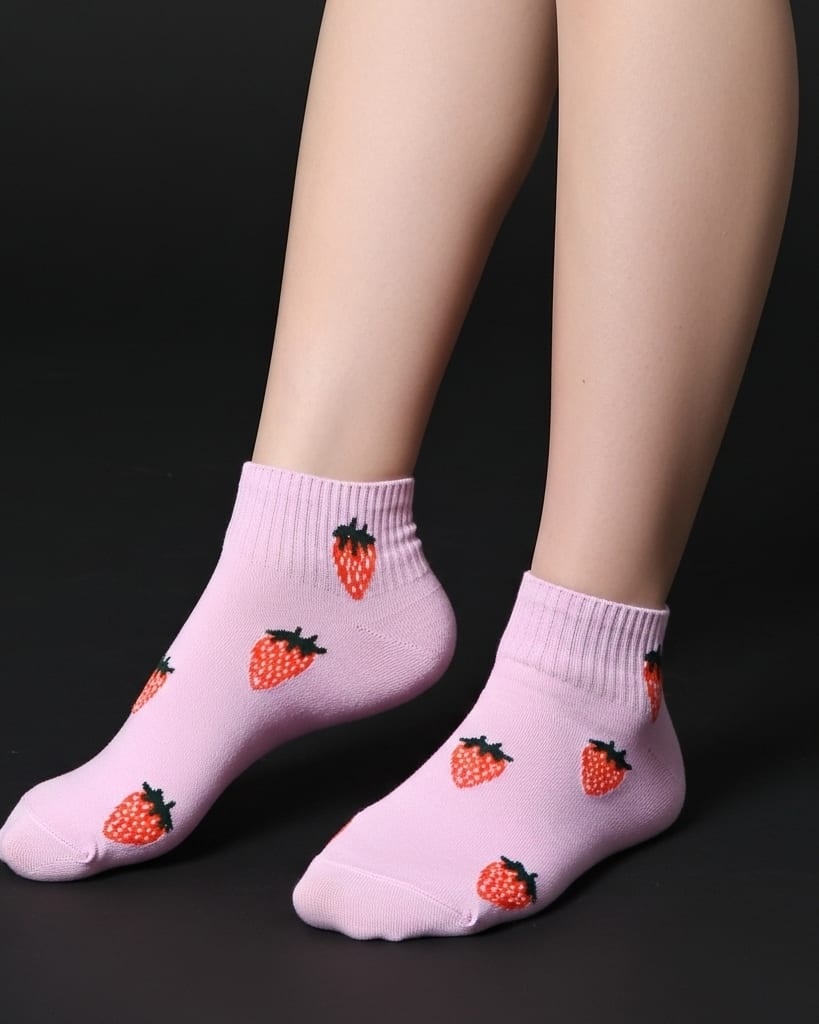 Pink Ankle Socks with Strawberry – Fun & Comfortable Cotton Blend thumbnail 2
