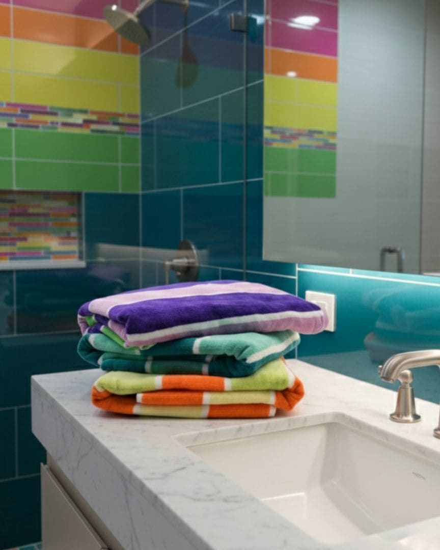Cotton Bath Towels 485 GSM Quick Dry Terry Towels, Multicolor Stripe Design – Set of 3 (Size 150x75 cm) Purple, Orange, Green main view