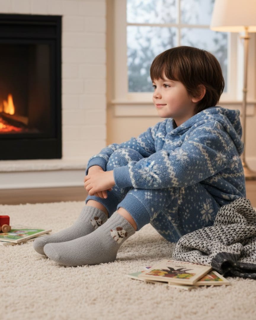 Soft Ash Grey Kids Winter Woolen Terry Socks with Puppy Design main view