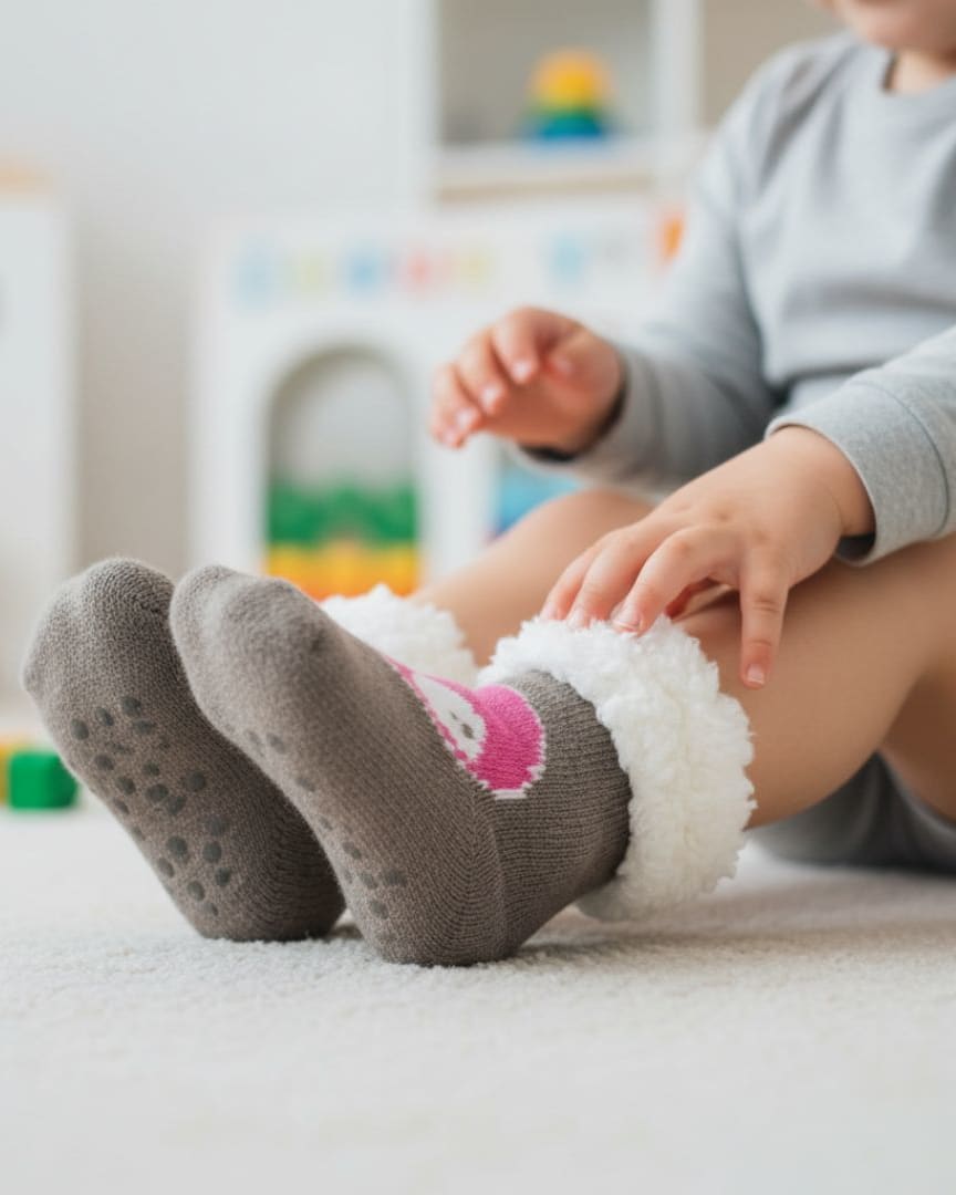 Grey & Pink Cartoon Woolen Kids Winter Socks (3–4 Years) with Fur Cuff