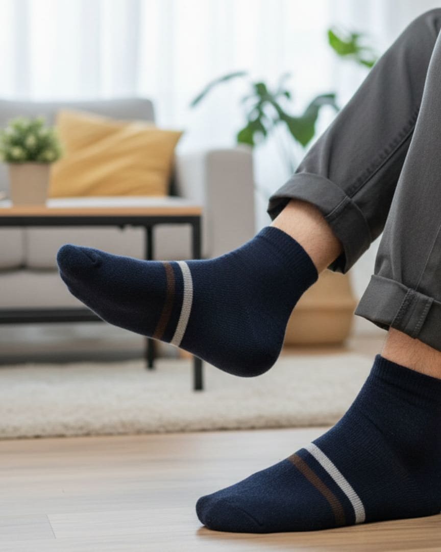 Men's Premium Navy Blue Ankle Woolen Socks with Contrast Triple Stripe thumbnail 2