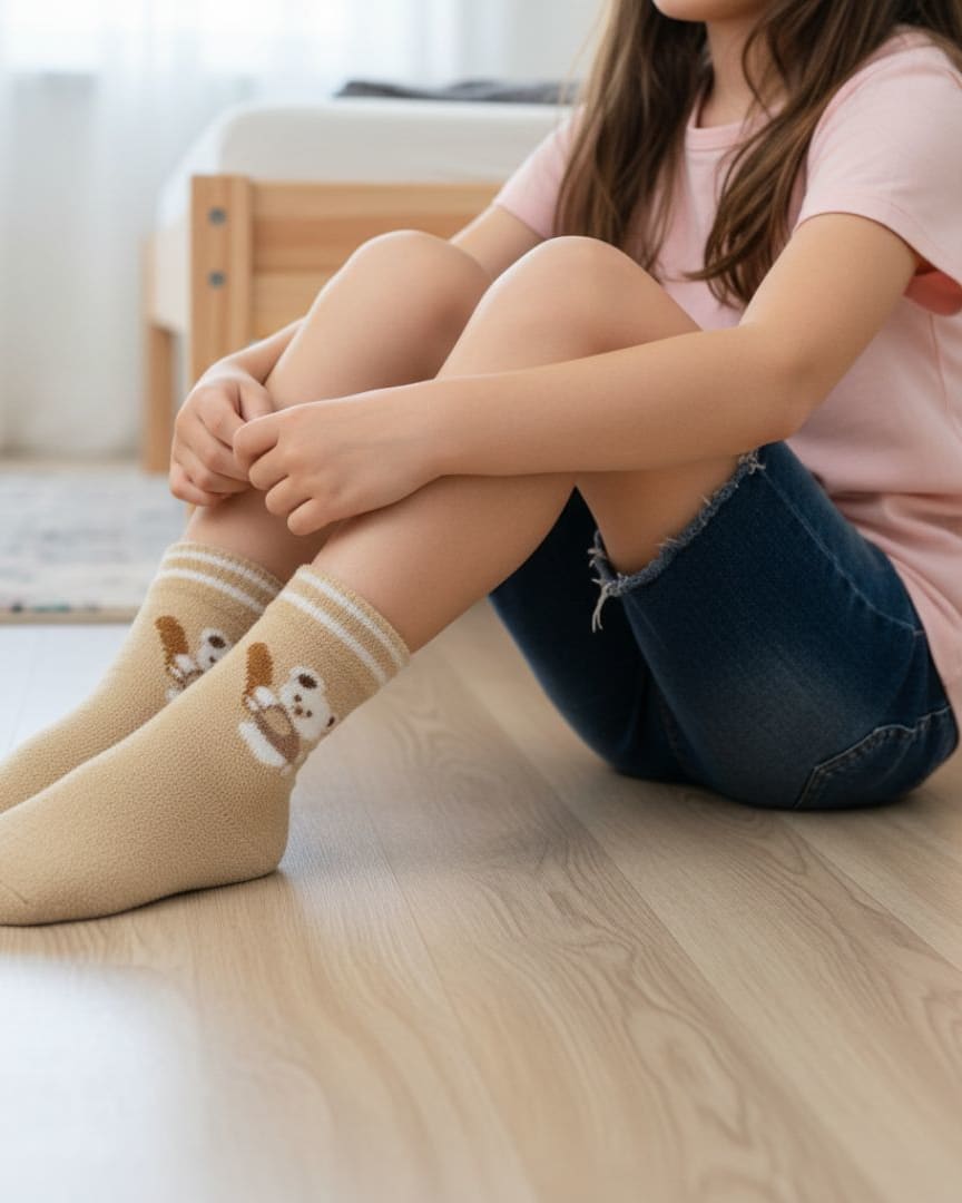 Ultra-Soft Fuzzy Beige/Tan Kids Crew Socks with Snuggle Bear Design