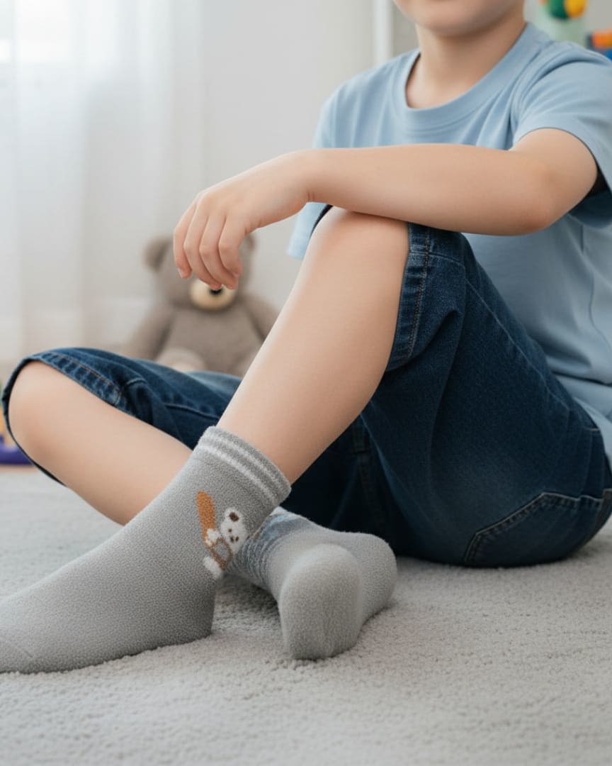 Ultra-Soft Fuzzy Grey Kids Crew Socks with Sweet Koala/Bear Design
