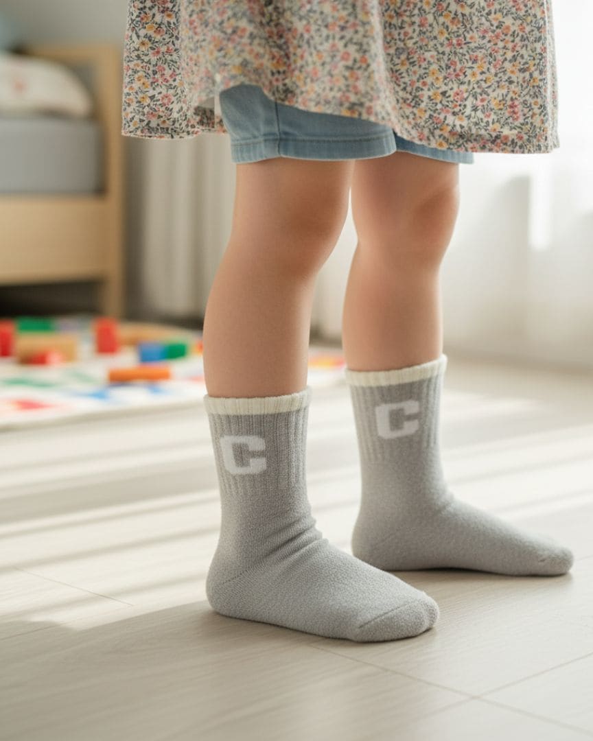 Ultra-Soft Light Grey Fuzzy Kids Crew Socks with Initial 'C' Logo thumbnail 2
