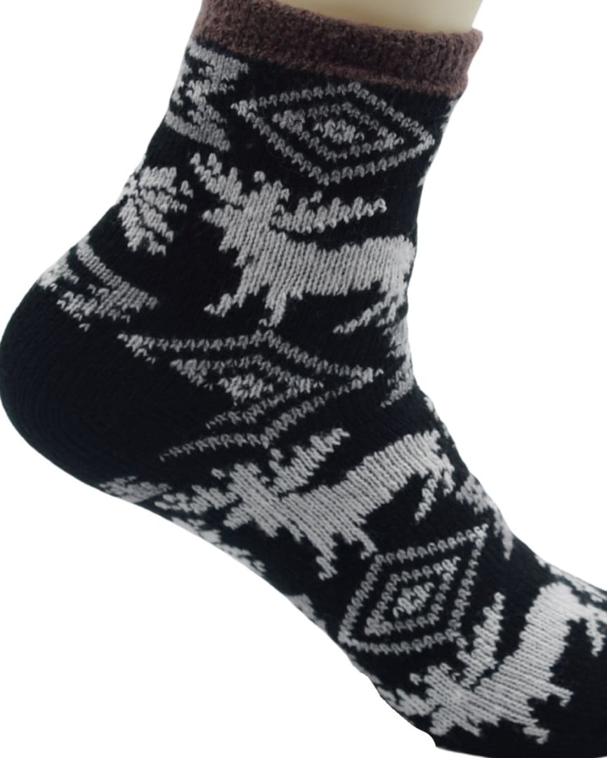 Black Woolen Thermal Socks | Soft Fleece-Lined Warm Winter Socks with Nordic Reindeer Pattern thumbnail 1