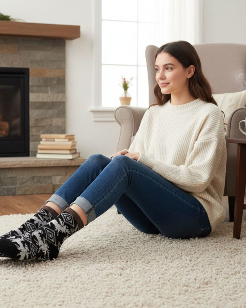 Black Woolen Thermal Socks | Soft Fleece-Lined Warm Winter Socks with Nordic Reindeer Pattern thumbnail 2