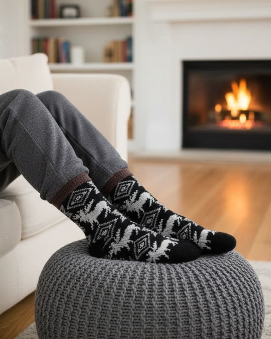 Black Woolen Thermal Socks | Soft Fleece-Lined Warm Winter Socks with Nordic Reindeer Pattern thumbnail 3