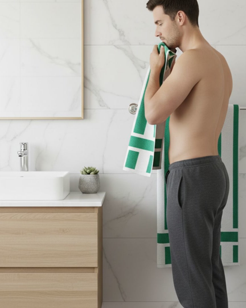 Lightweight Green & White Striped Cotton Bath Towel – 300 GSM Extra Large (150×70 cm) Soft & Quick Dry thumbnail 3