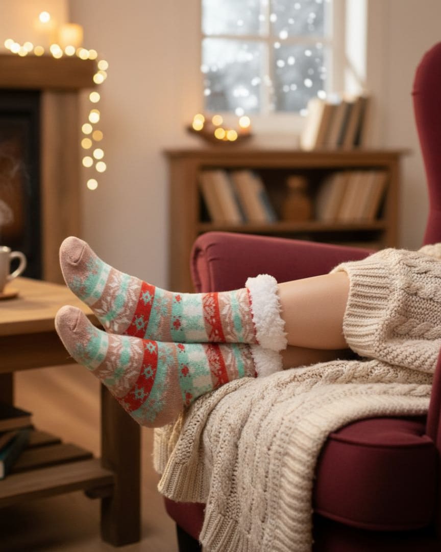 Mint Green, Peach & Red Women Winter Home Socks with White Fur Cuff – Cozy Warm Indoor Socks main view