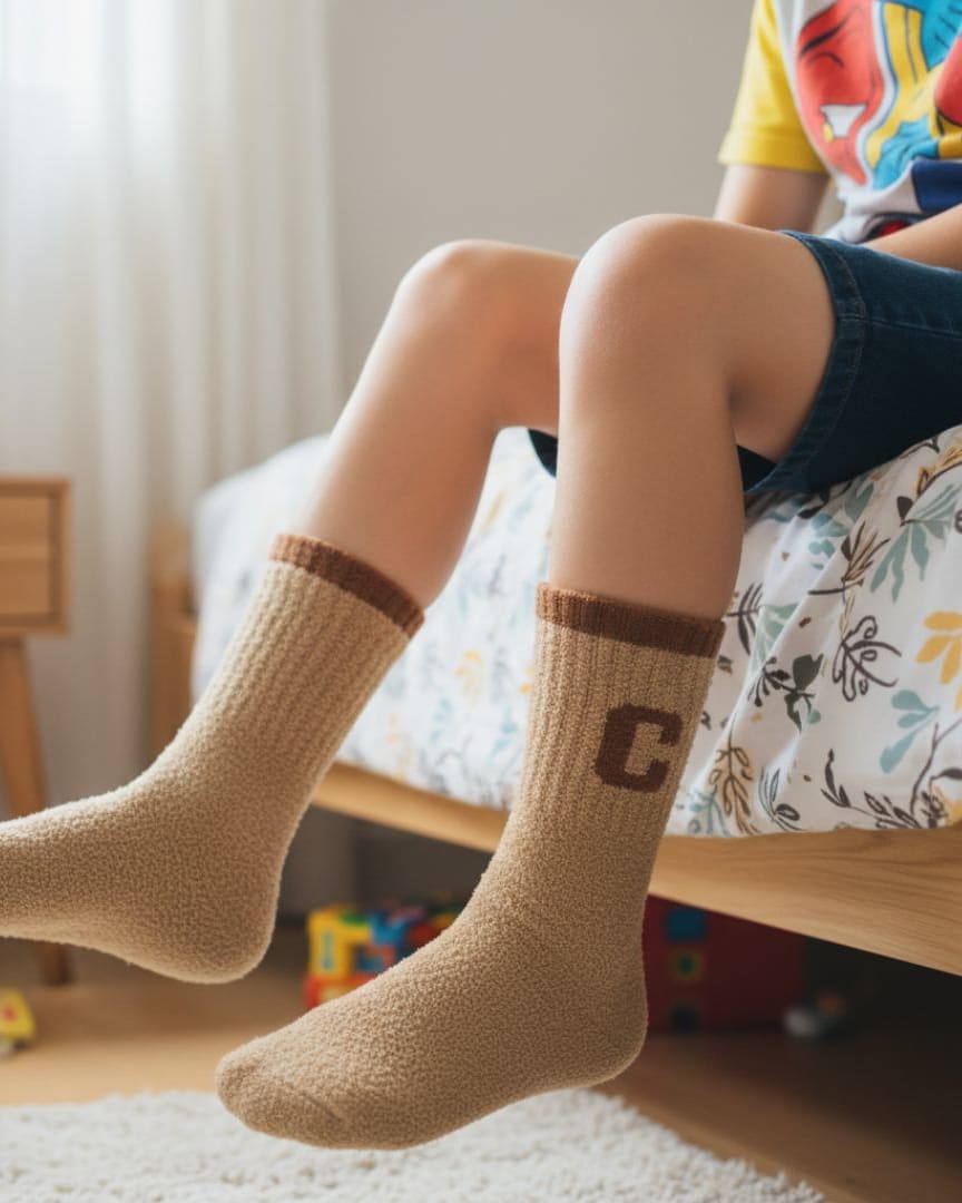 Ultra-Soft Fuzzy Khaki Crew Socks with Embroidered 'C' Logo main view