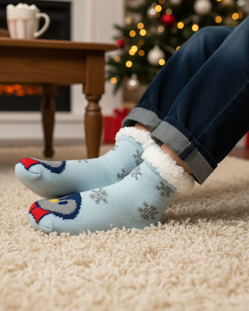 Cozy Knit Slipper Socks in Light Blue with Snowflake Pattern, Character Toe, and Fluffy Sherpa Cuff main view