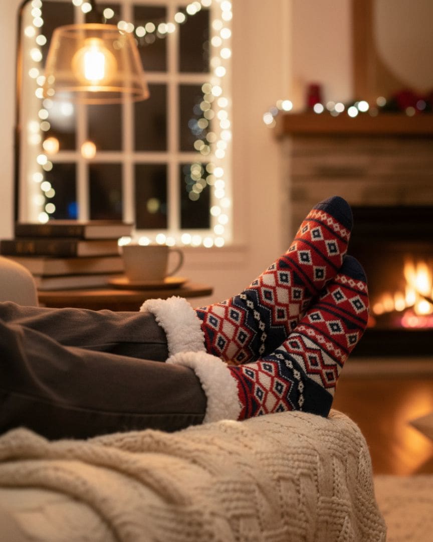Cozy Knit Slipper Socks in Light Blue with Snowflake Pattern, Character Toe, and Fluffy Sherpa Cuff thumbnail 2