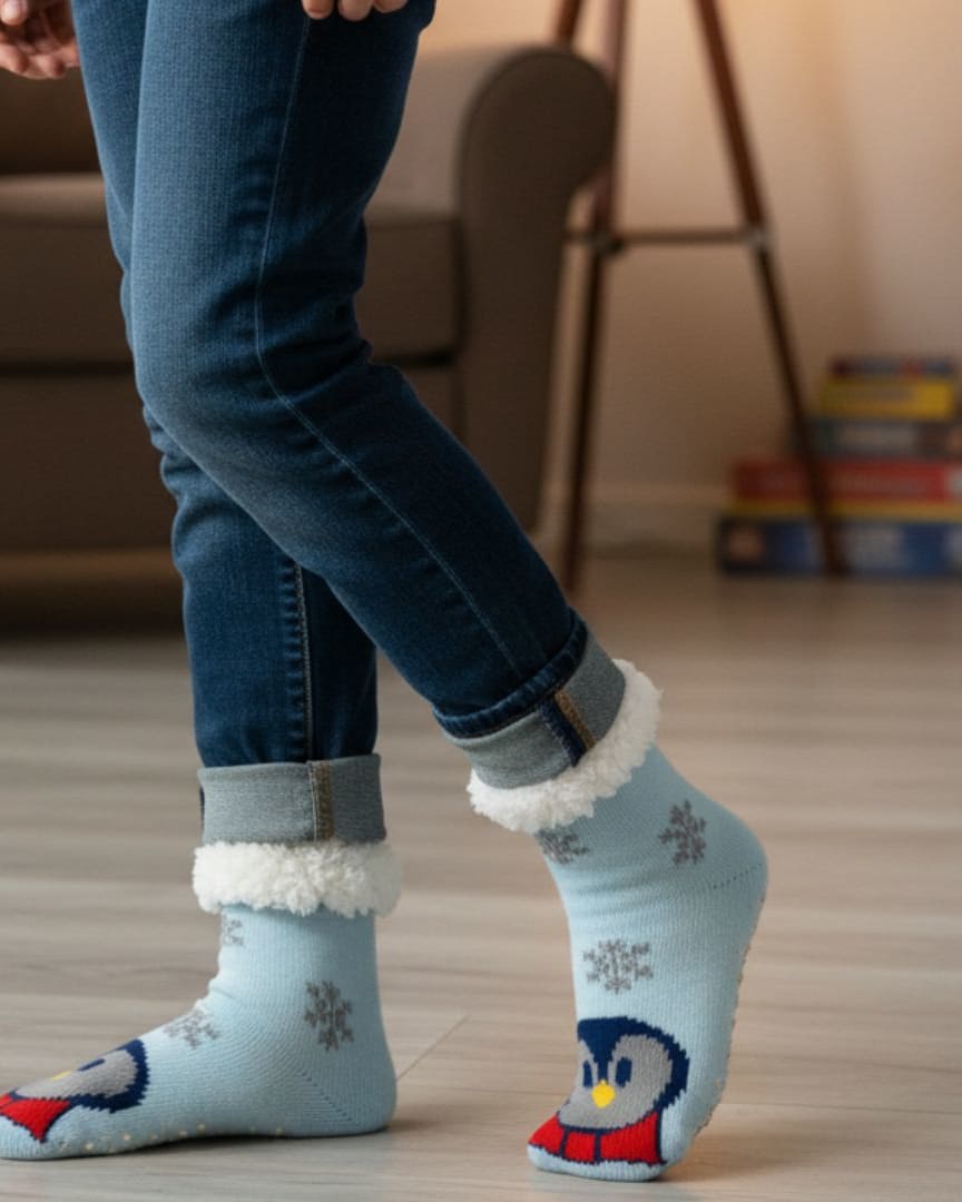 Cozy Knit Slipper Socks in Light Blue with Snowflake Pattern, Character Toe, and Fluffy Sherpa Cuff thumbnail 3