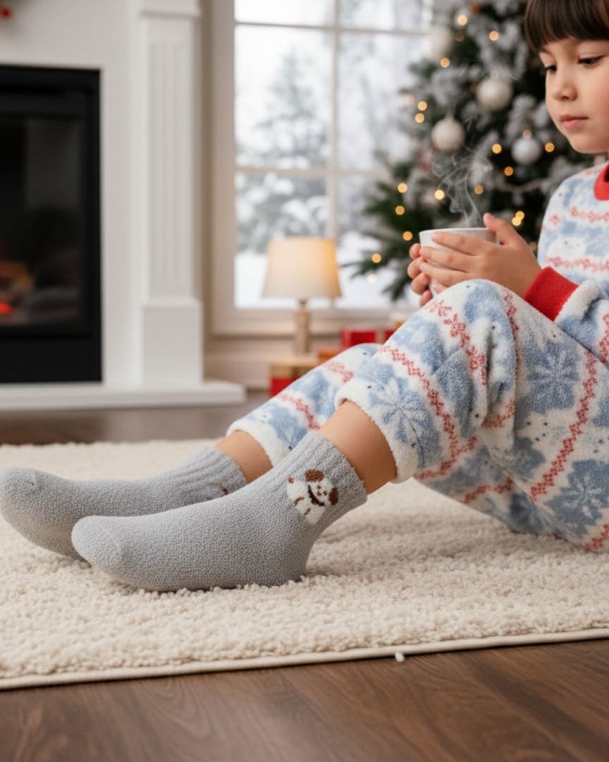 Soft Ash Grey Kids Winter Woolen Terry Socks with Puppy Design thumbnail 2