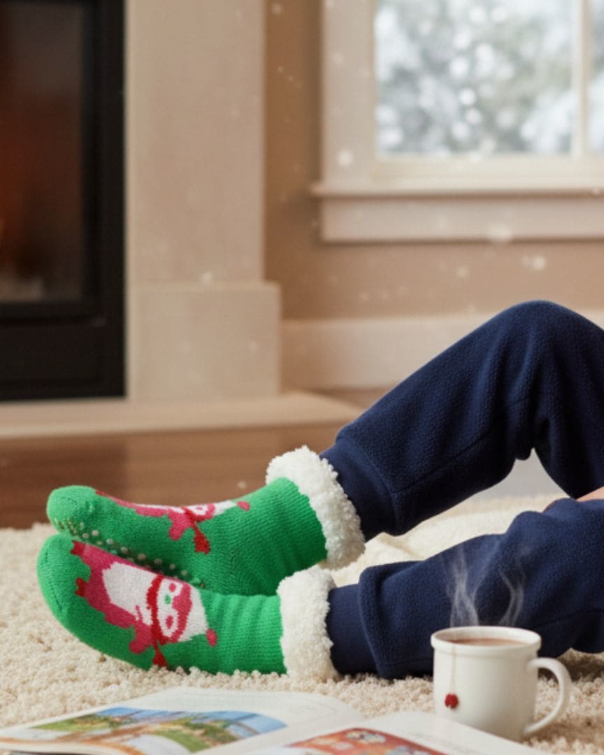 Ultra-Soft Plush Fleece Holiday Socks in Green with Character Motif, Sherpa Cuff, and Non-Skid Grips