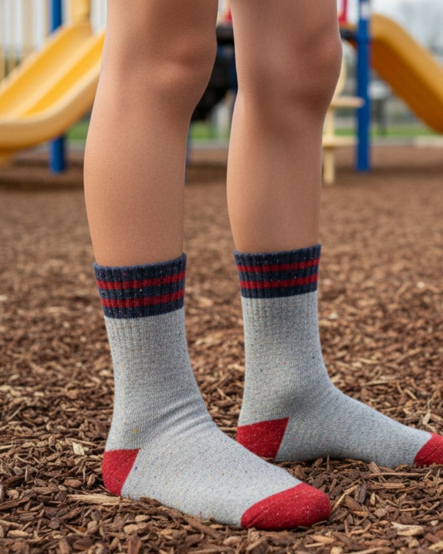 Durable Speckle Knit Kids Socks | Athletic Grey, Navy & Red Playground Socks main view