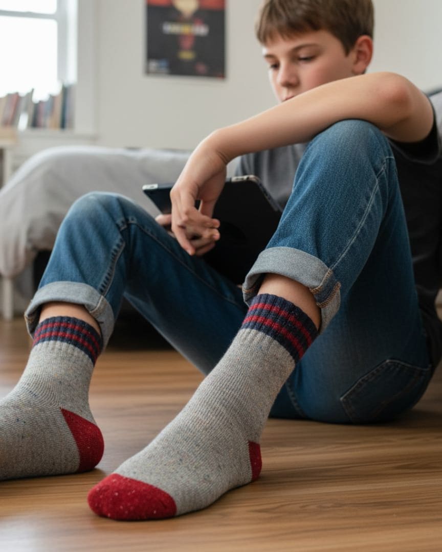 Durable Speckle Knit Kids Socks | Athletic Grey, Navy & Red Playground Socks thumbnail 3