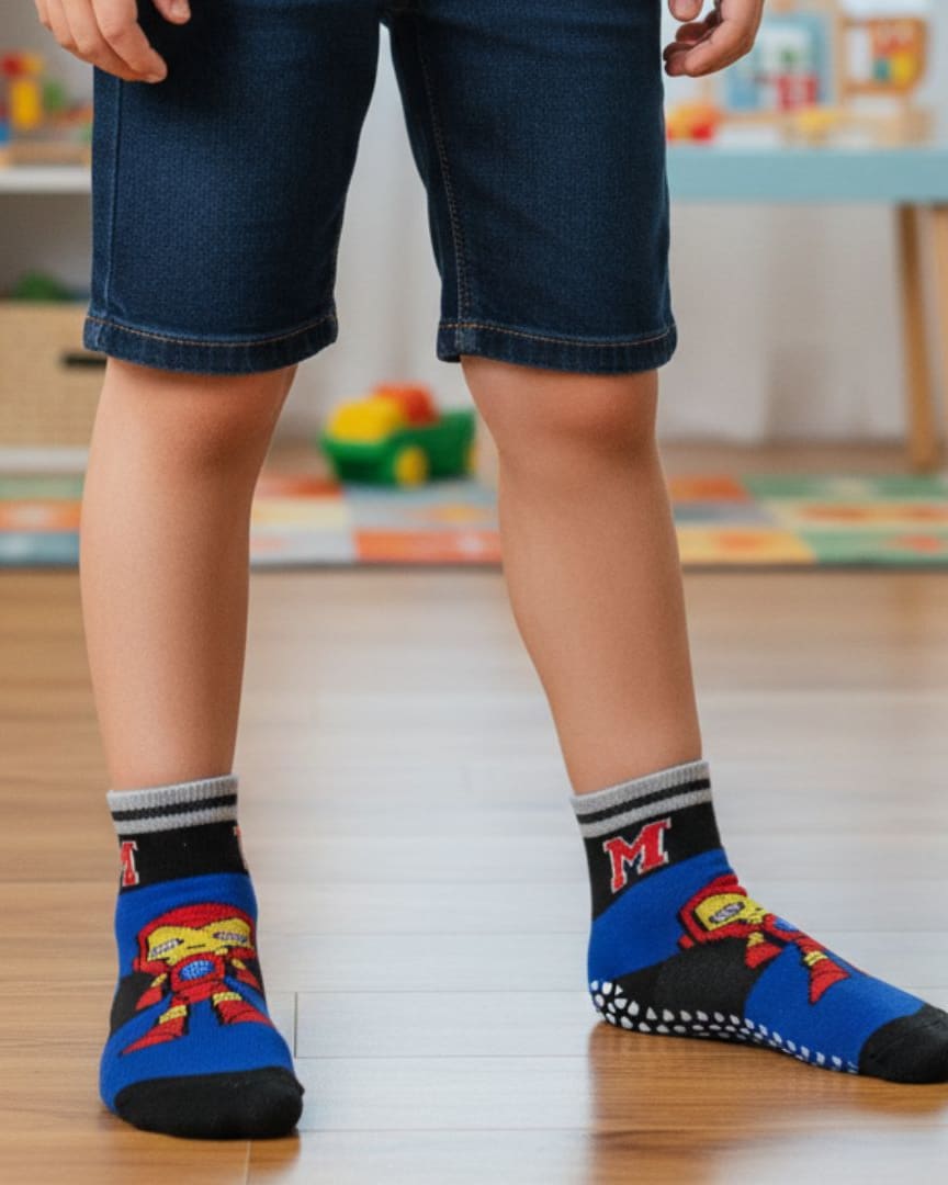 Breathable Cotton Kids' Anti-Skid Socks with Full Grip Sole and Bold Character Design